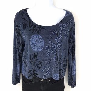 Deep Blue and Black Asian Print Crop Top